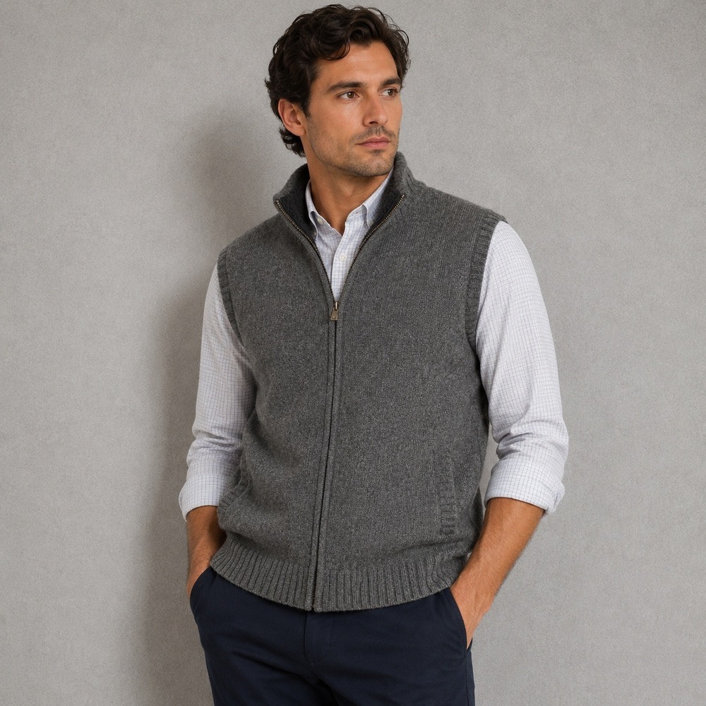LL Bean Mens Full Zip Lambswool Fleece Lined Sweater Vest Gray Large L-REG